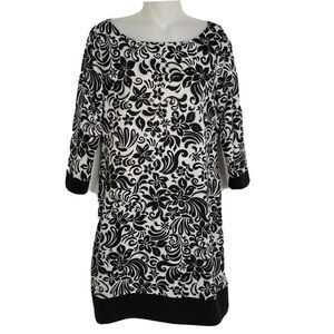 Tiana B Shift Dress Medium M 3/4 Sleeve Floral Black White Stretch Above Knee